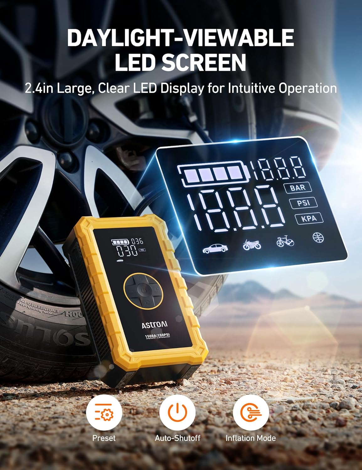 AstroAI S8 Air Jump Starter with Air Compressor, 1500A Car Battery Jumper Starter Portable (6.0 Gas/3.0L Diesel) with 150PSI Cordless Auto-Shutoff Tire Inflator, 12V Battery Charger Booster(Yellow)