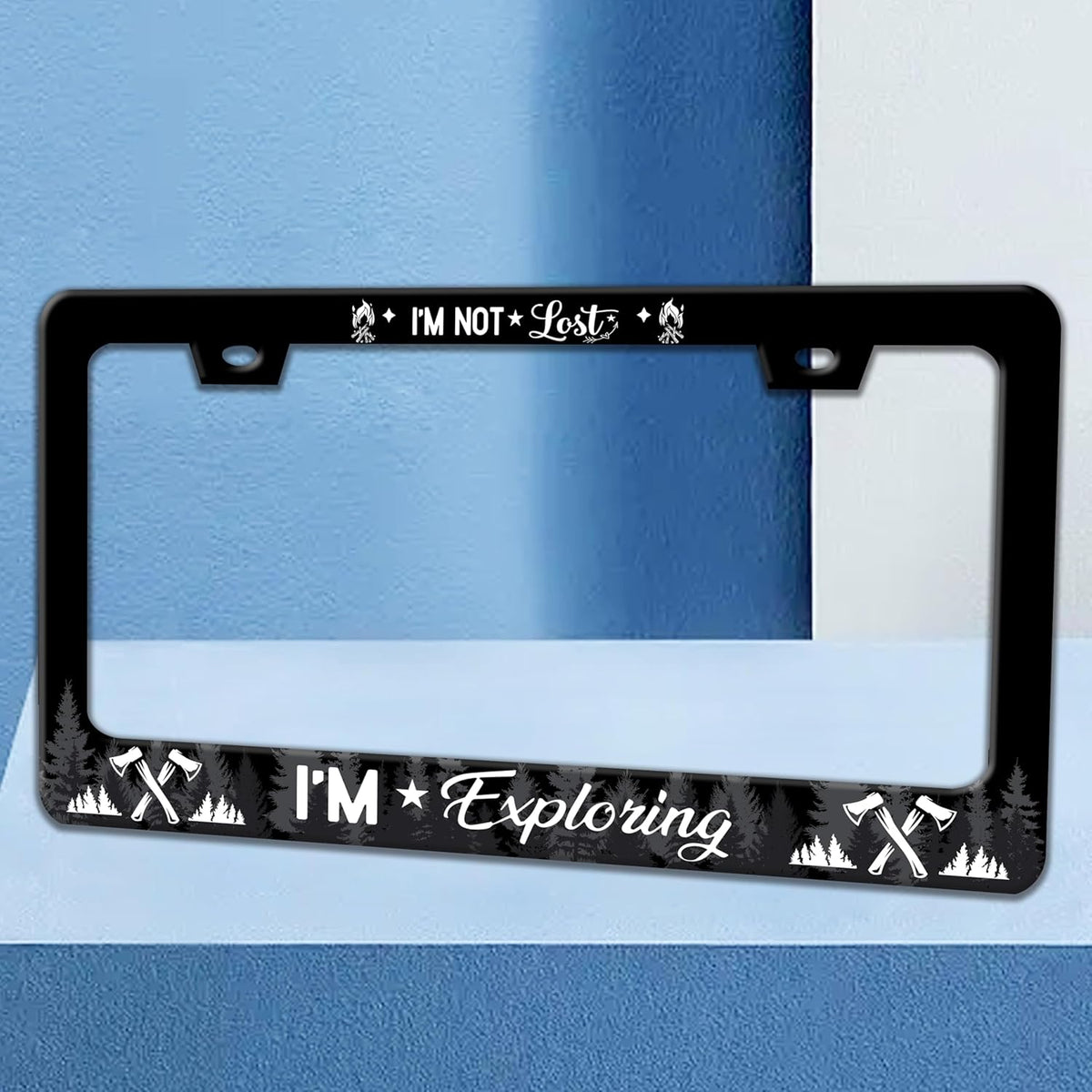 I'm Not Lost I'm Exploring License Plate Frame Adventure Forest License Plate Holders Funny Stainless Steel Auto Accessory Bracket 2 Hole with Screws Universal Us Car License Plate Frames 6x12 Inch