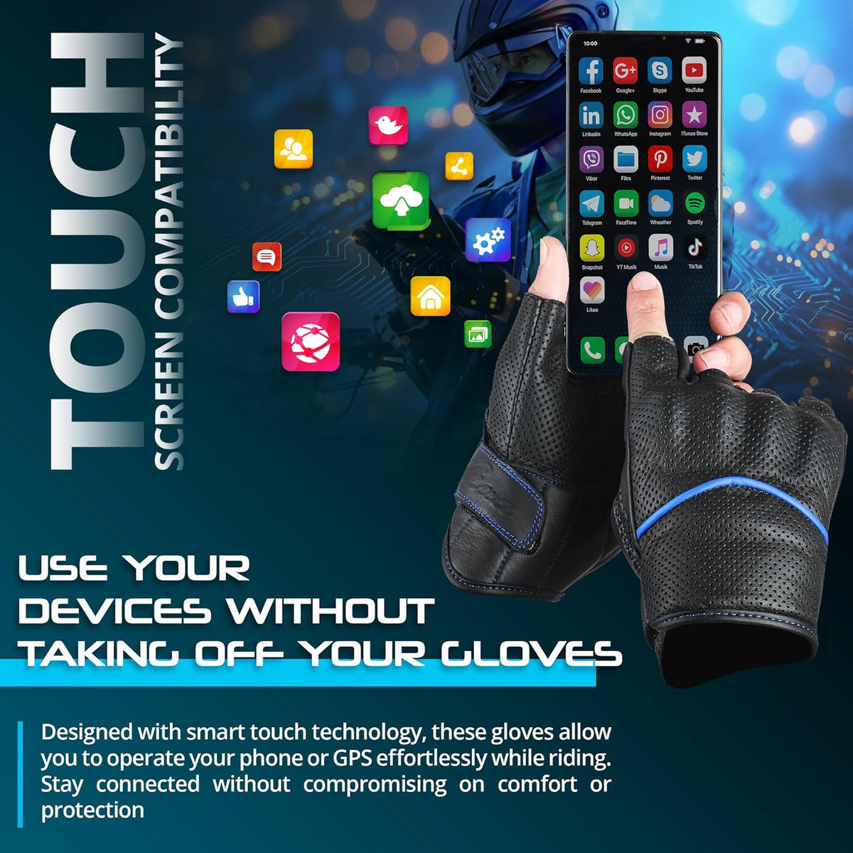 aasportx Motorcycle Gloves - Men's Leather Motorbike Gloves with Touchscreen Function - Non-Slip Pads for Men & Women