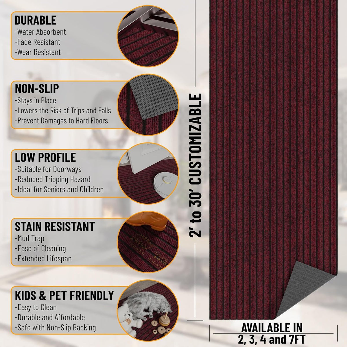 Ottomanson 2' x 12' Hallway Runner with Scraper Pile - Extra Durable Non-Slip Rug Mat for Indoor & Outdoor Use - Ideal for Kitchen, Entryway, Patio & Garage - High-Traffic Carpet, Red