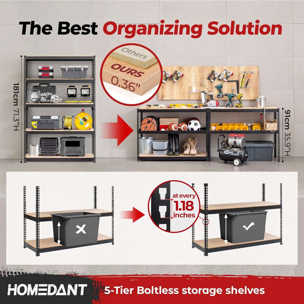 HOMEDANT 5 Tier Laminated Boltless Heavy Duty Garage Storage Adjustable Wide Size Metal Shelving Unit Utility Rack Shelves Organization Multipurpose Shelf Shed Warehouse 47.7"W x 18.2"D x 71.3"H 3Pack