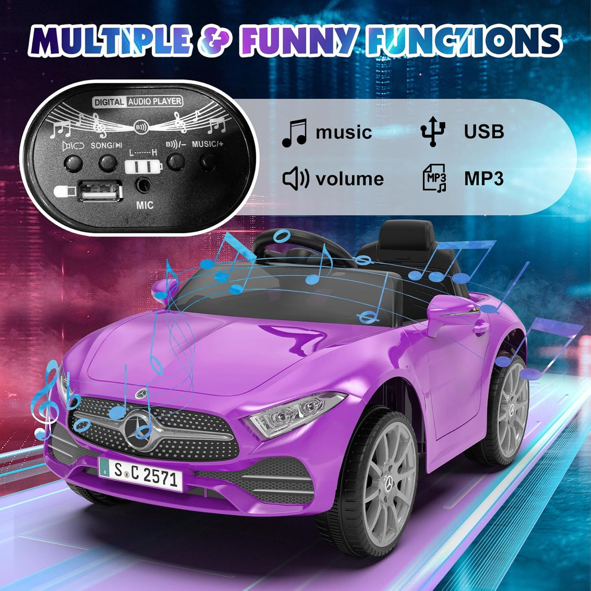 12V Kids Ride On Car with 2.4G Remote Control,Battery Powered Electric Car Ride On Vehicle Double Doors, 5 Point Safety Belt,LED Light (SC-Purple)
