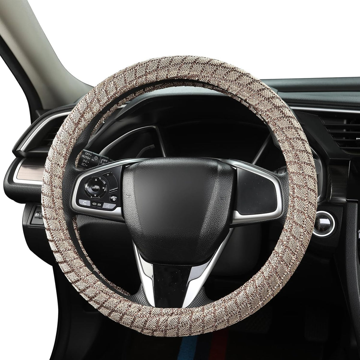 Auto Newer Breathable Steering Wheel Cover Suitable For Four Seasons，Anti-Slip Design，Odorless，Easy Carry Unviersal Fit for Truck SUV Sedans Vans，Interior Accessories Standard Size[14" 1/2-15"]（Beige）