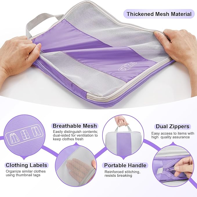 10 Set Compression Packing Cubes for Travel Essentials,Compressible Expandable Packing Cubes for Suitcase,OlarHike Luggage Organizer Bags for Travel,Handy Helper for Organizing Clothes(Light Purple)
