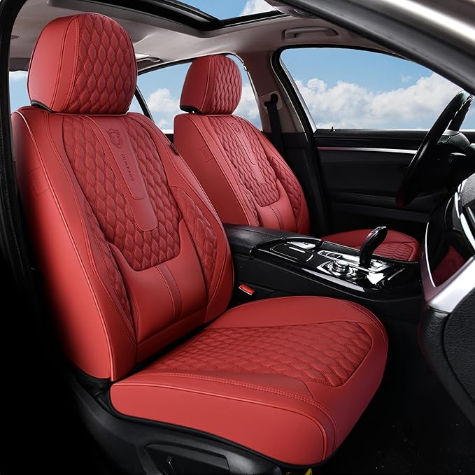 Coverado Car Seat Covers Front Seats, Luxury Faux Leather Red Seat Covers for Cars Waterproof Seat Covers with Lumbar Support, Car Seat Protector Universal Fit for Most Cars SUV Truck(Front, Red)