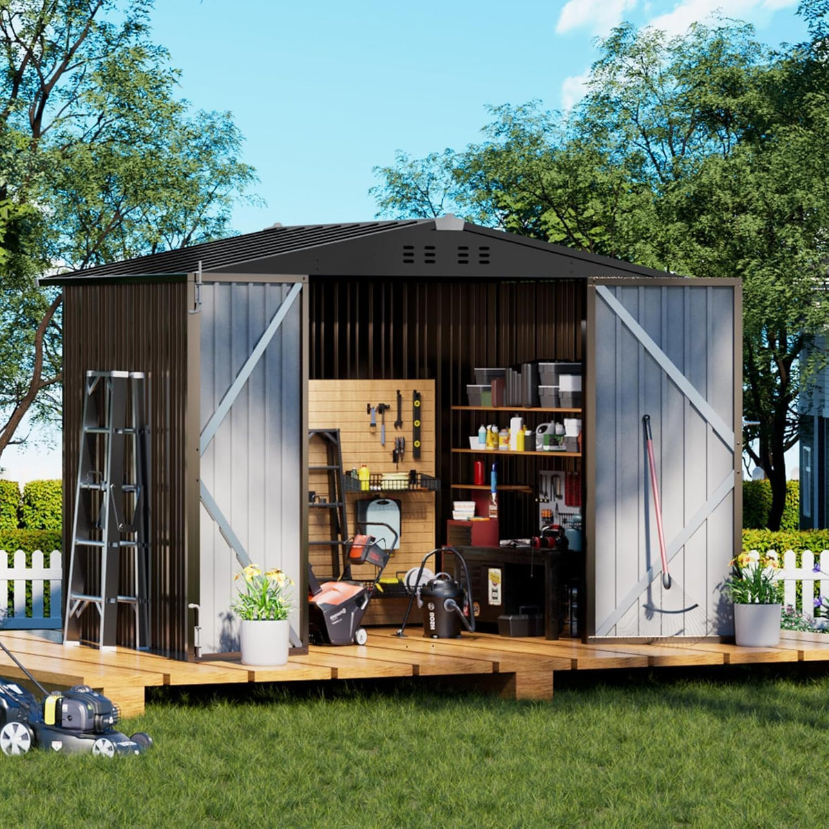 COMHOMA Shed Outdoor Storage Shed Metal,Lockable Doors Tool Sheds with Sloping Roof,Steel Garden Shed with Air Vent for Backyard,Patio,Lawn,Poolside (Brown, 8'*6')