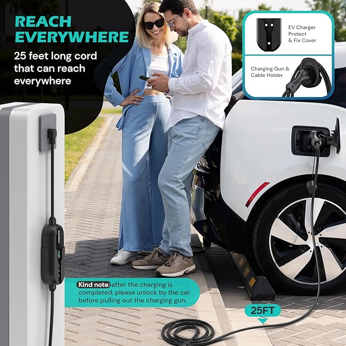 AIMILER Level 2 Electric Vehicle (EV) Charger(WIFI APP/Plug-play), 32A, 25ft Cable ETL Certified, 220V-240V NEMA 14-50P Plug EVSE w/ J1772 Connector, Portable EV Car Charging Stations for Home Level 2