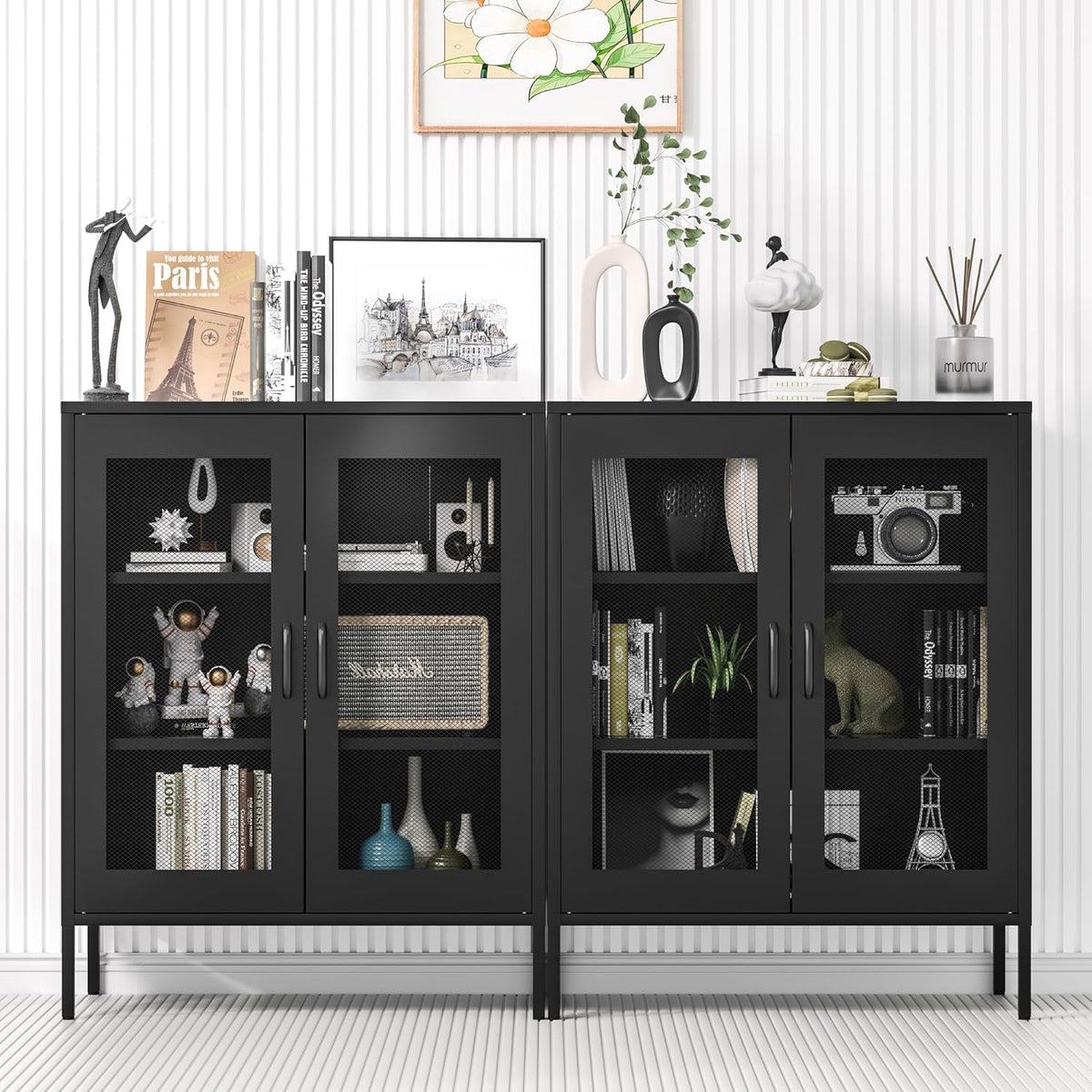 Metal Storage Cabinet with Mesh Doors and Shelves,Multipurpose Storage Rack, 3-Tier Office Cabinet,Metal Locker Style Accent for Home Office,Living Room,Kitchen (Black-mesh, 40''H)