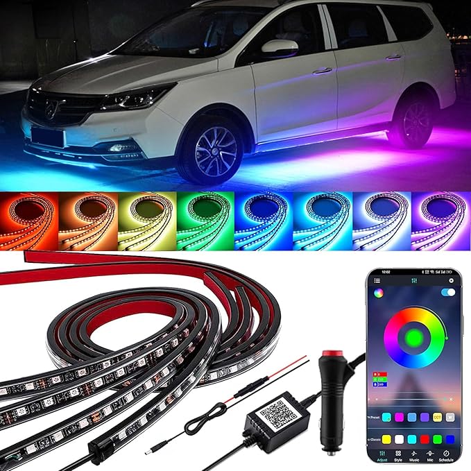 YUGUANG 4Pcs Underglow Kit for Car, APP Control Multicolor Car Underglow Light Kit Music Sync RGB Underbody Strips Light Waterproof for Cars Trucks SUVs
