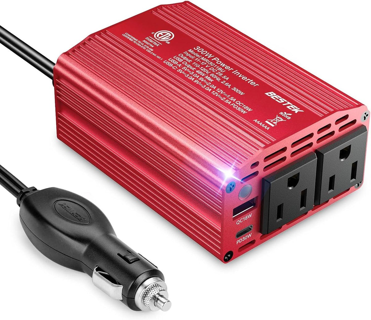 BESTEK 300W Car Power Inverter - DC 12V to 110V AC Car Plug Adapter with 30W USB-C & 18W USB-A Dual AC Outlet, Fast Car Charger Adapter for Laptop, Vehicles, Road Trip Essentials