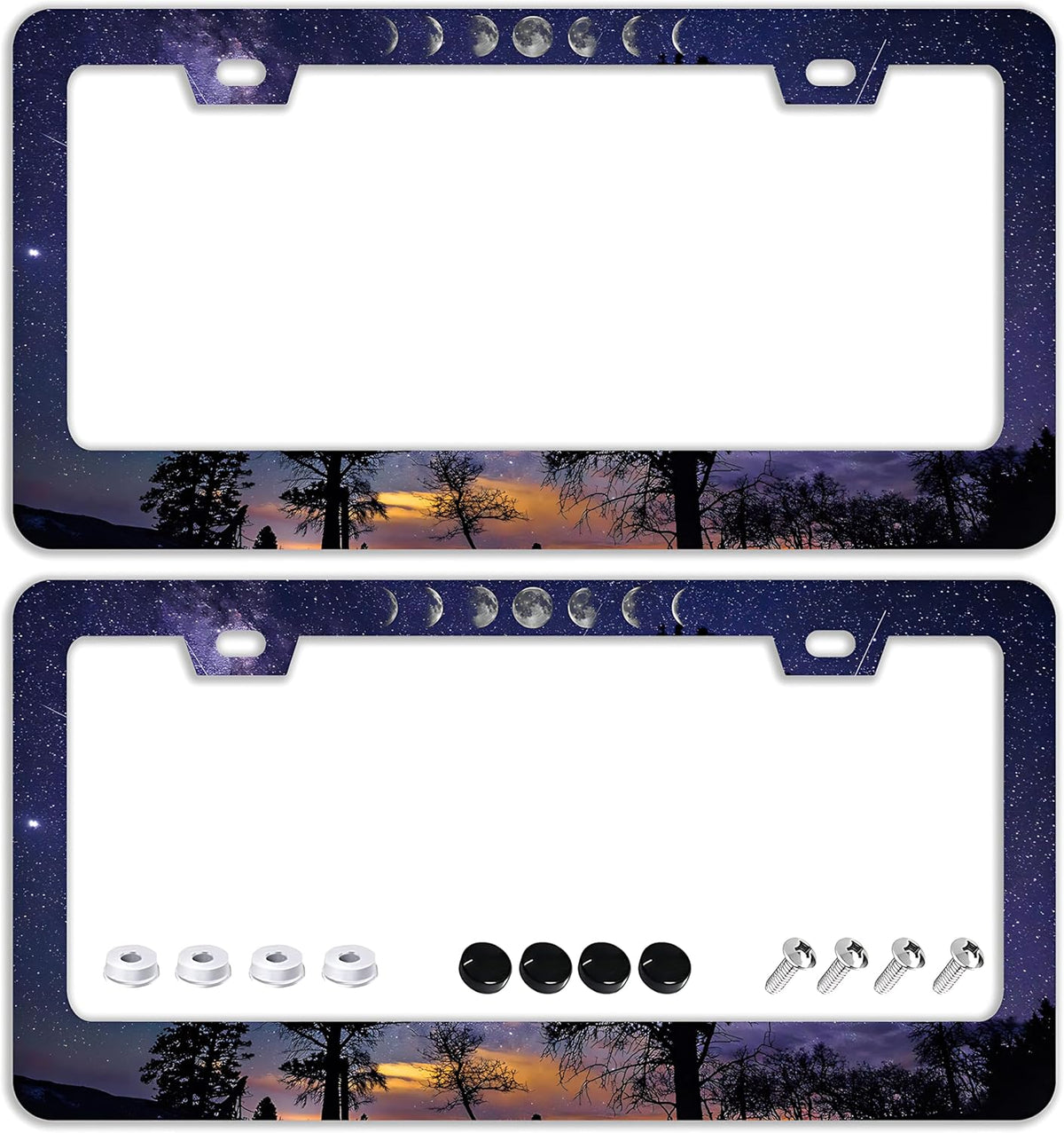 Starry Sky Moon License Plate Frames - 2 Pcs Set 2 Holes Stainless Steel Metal Novelty Auto Car Accessories Decoration License Plate Frame Cover Size 6.3" x 12.2" Fit US Vehicles for Women Men Gift