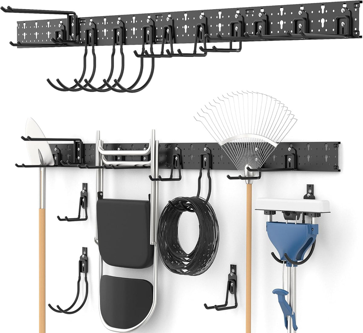 Ultrawall Garage Storage Organization, Versatile Storage Hooks Garden Tool Organizer Wall Mount, 64 Inch Yard Tool Organizer Hangers for Shovels, Rakes, Ladders, 19pcs Black