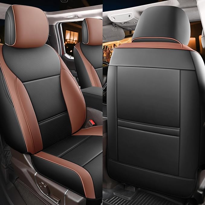 Red Rain F150 Leather Car Seat Covers Custom Fit for Ford F150 SuperCrew/CrewCab 2015-2025 XL XLT STX Pickup Truck Black and Brown Auto Seat Protector 5 Seater (F150-Black+Brown)