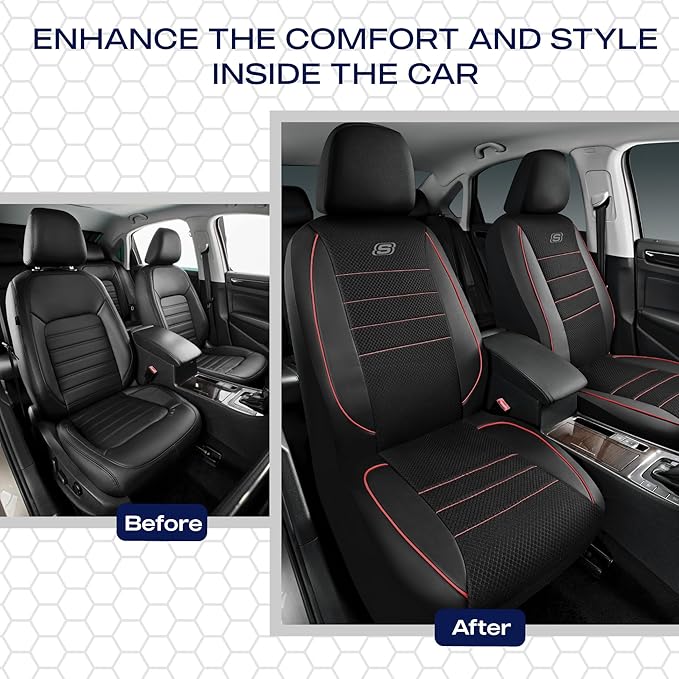 Skechers Air-Cooled Memory Foam Seat Covers,Thick Car Seat Covers,Leather Piping Car Seat Covers Front Seats,Airbag Compatible,Automotive Comfort Universal Fit Most Cars,Vans,Trucks,SUV,Red