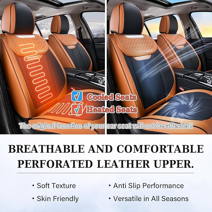 Coverado Car Seat Covers Full Set, Breathable Nappa Leather Seat Covers for Cars, Automotive Seat Covers, Waterproof Front and Back Car Seat Protector Universal Fit Most Cars(Brown&Black)