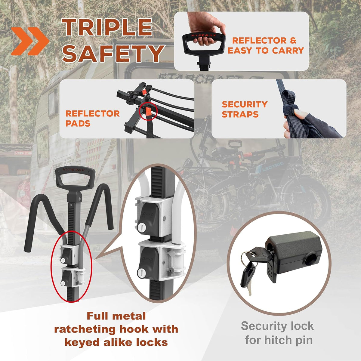HYPERAX Volt RV -RV Approved Hitch Mounted 2 E Bike Rack Carrier for RV,Camper,Motorhome,Trailer,Toad with 2" Tow Hitch Receivers - Up to 2X 70lbs eBikes with Up to 5" Fat Tires