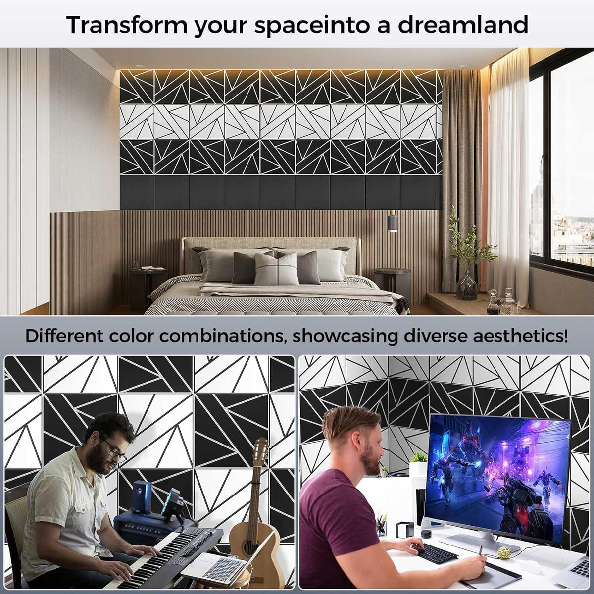 8 Pack 2-Layer Large Soundproof Wall Panels, 15.7 x 15.7 x 0.43 in Sound Proof Foam Panels for Walls, 1.2lb/ft* High Density, 3D Acoustic Panels,Artistic Noise Dampening Panels White&Black