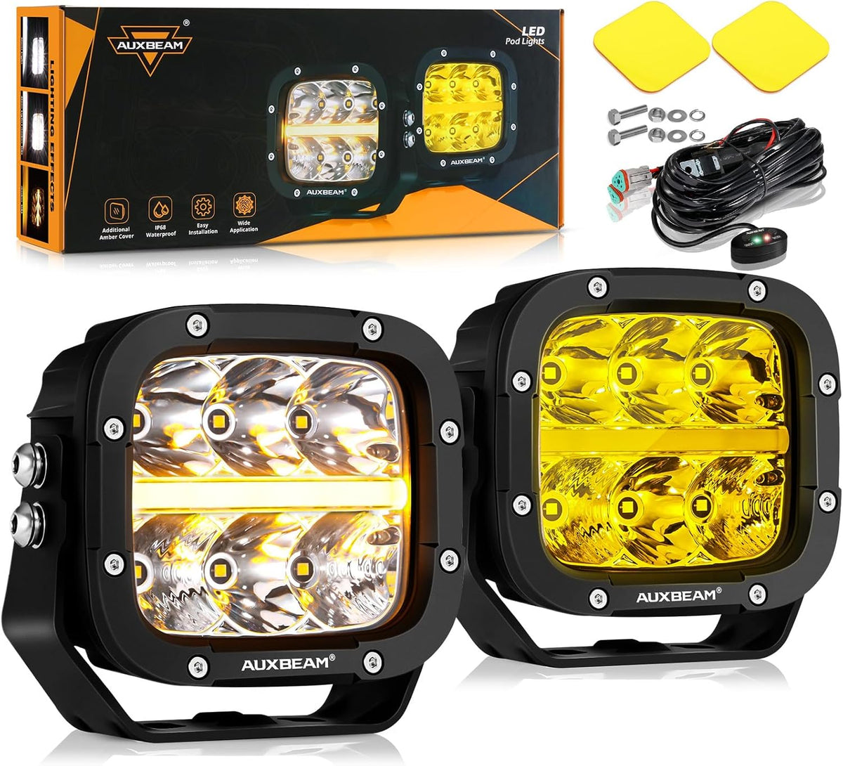 Auxbeam XP-Ultra Series 5 Inch Cube Offroad Lights, Amber DRL Function, Amber White Light Covers, 132W 15600LM Spot Flood Combo, LED Pod Light Bar Off-Road Fog Lights, Pair
