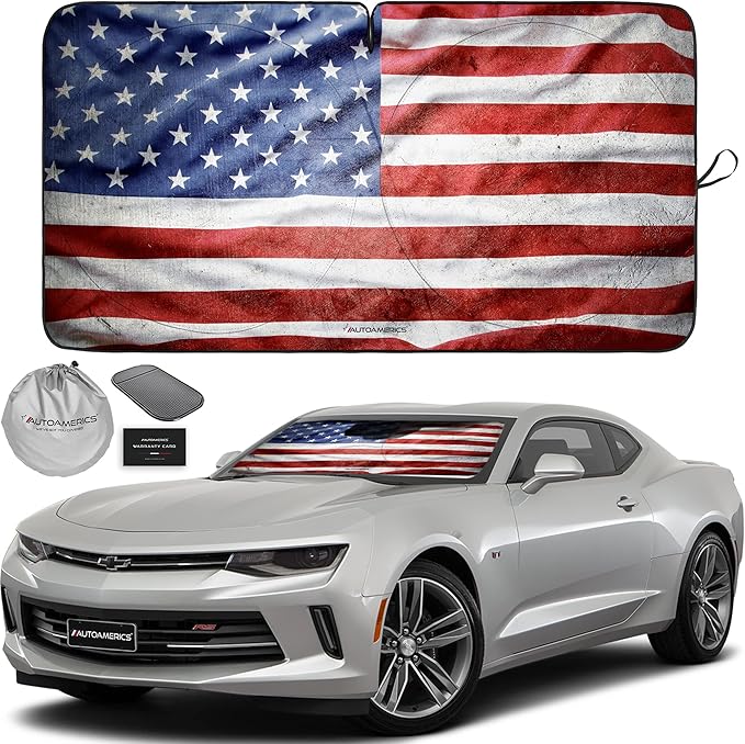 Autoamerics 1-Piece Windshield Sun Shade Grunge American Flag - 3 USA Design - Foldable Car Front Window Sunshade for Most Sedans SUV Truck - Blocks Max UV Rays and Keeps Your Vehicle Cool - Small
