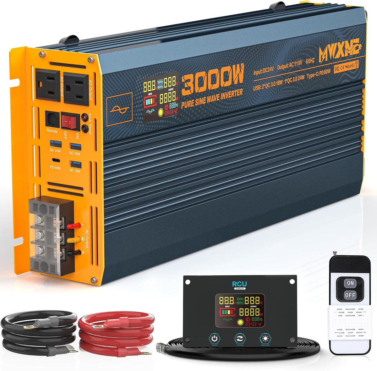 3000W Pure Sine Wave Power Inverter DC 24V to 110V 120V AC with 4 Quick Charging USB Ports& Dual AC Outlets Power Inverters for Vehicles RV Truck Home with LCD Display and Remote Controller
