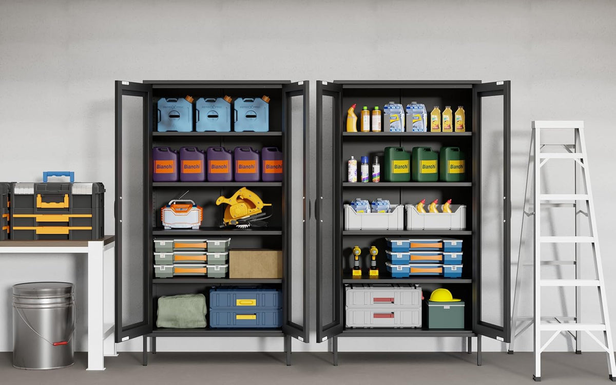 73 '' Metal Garage Storage Cabinet, 2 Doors and 4 Adjustable Shelves, mesh Door Design, can be Used to Store Tools, consumables, Books, etc., for Office, Home, Garage, Gym, School (Black)