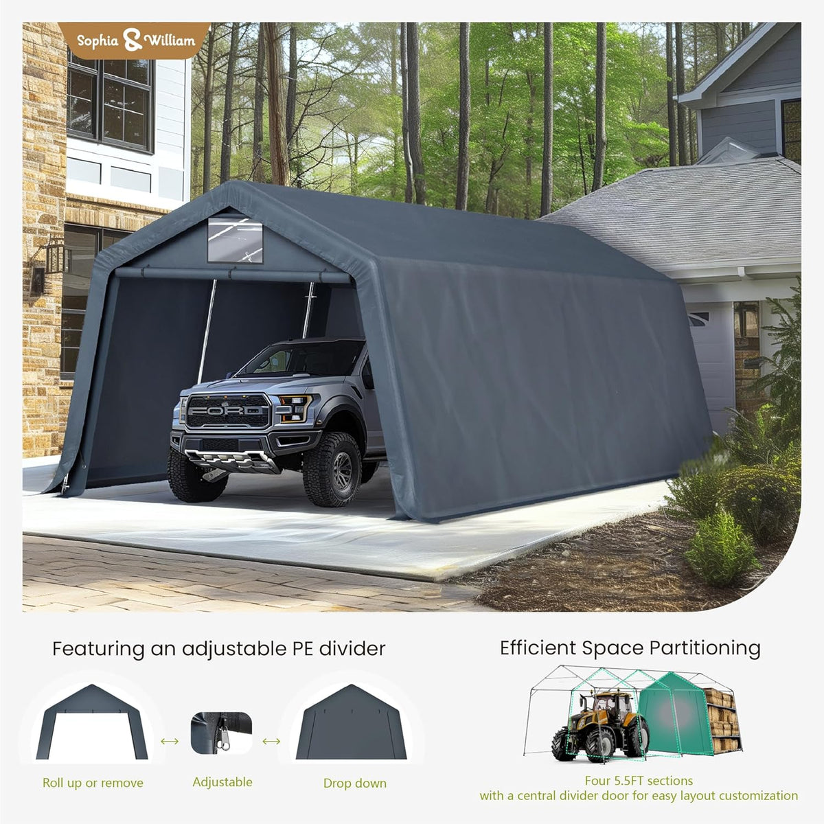 Sophia & William Carport Storage Shed 13x22 ft Portable, Heavy Duty Car Port Canopy Garage Shelter with Sidewalls and Roll Up Doors for Automobile Boat Motorcycle Bike, Gray