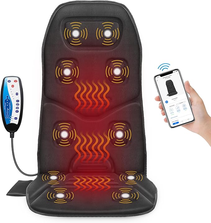 COMFIER Back Massager with Heat, App Control Vibration Massage Seat Cushion, 10 Motors & 3 Heat Levels Chair Massager Pad, Gifts for Mom,Dad Home Office Use,Black
