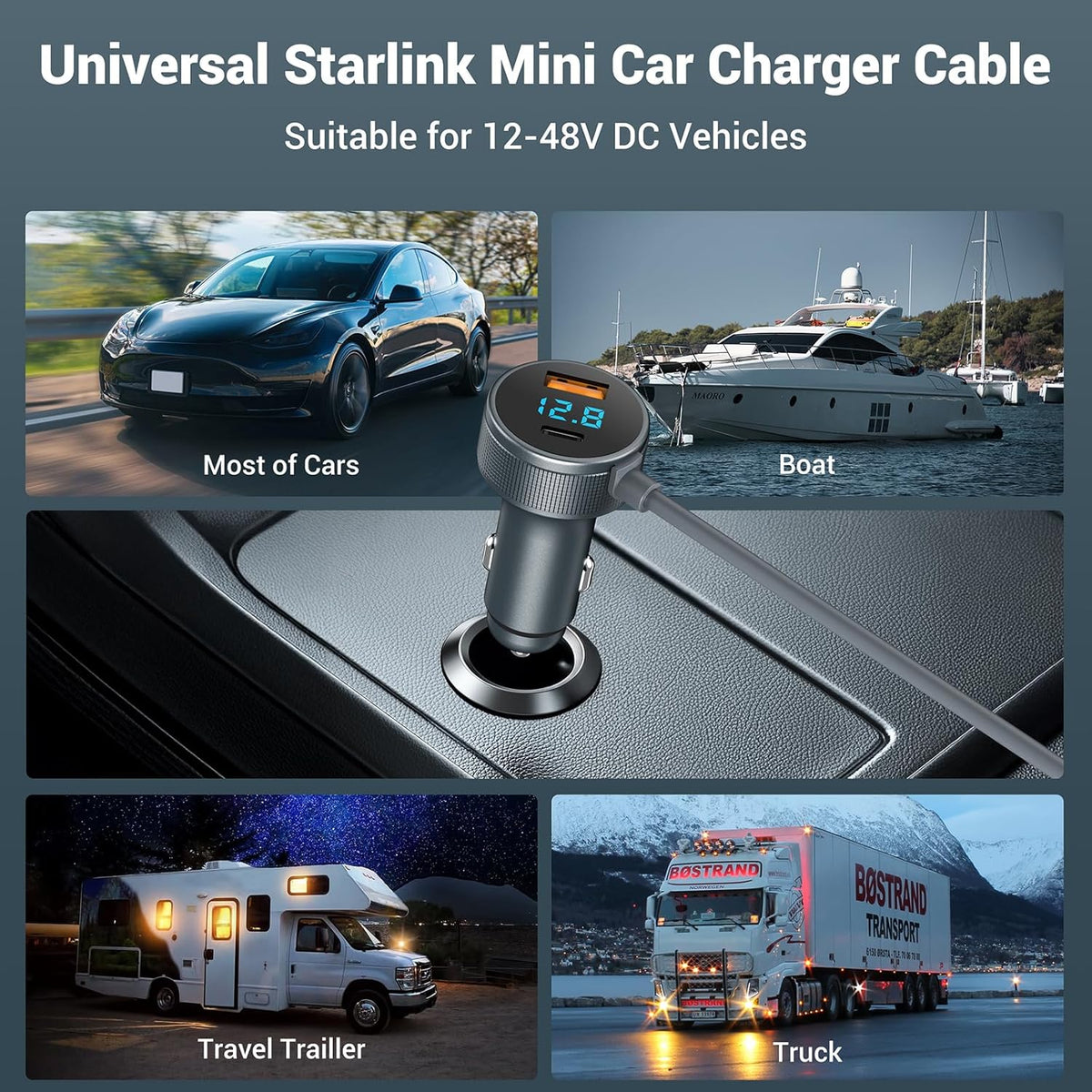 Starlink Mini Cable,3-in-1 Starlink Mini Car Adapter with Digital Display, Starlink Mini Power Cable12V-48V，Cigarette Lighter Adapter with USB C PD 40W& USB A 35W Ports for Trucks and Cars(10FT)