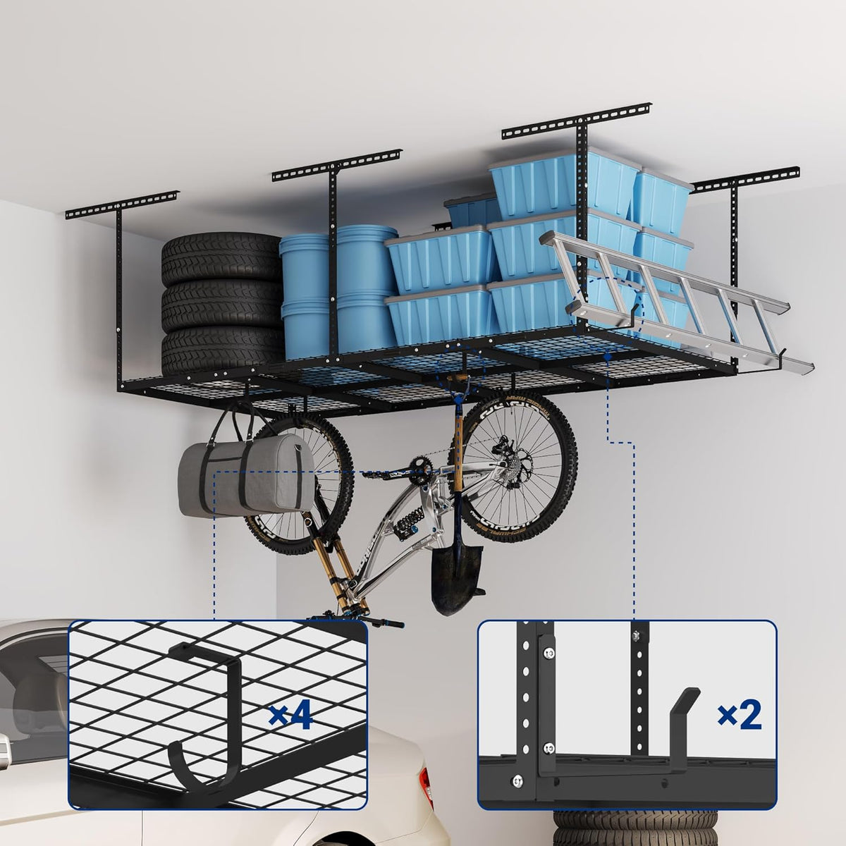 FLEXIMOUNTS 4x8 Overhead Metal Garage Storage Rack w/Hooks Adjustable Ceiling Storage Rack, 96" Length x 48" Width x 40" Height, 22''-40" Ceiling Dropdown, Black