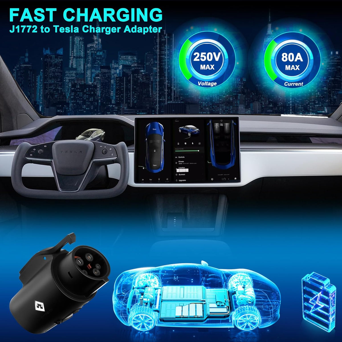 Tesla to J1772 Adapter, for All J1772 EV, 80A 250V Max, Portable and Outdoor EV Adapter, for Tesla High Powered Connectors, Destination Charger, Mobile Charger, Wall Charger, (Black)