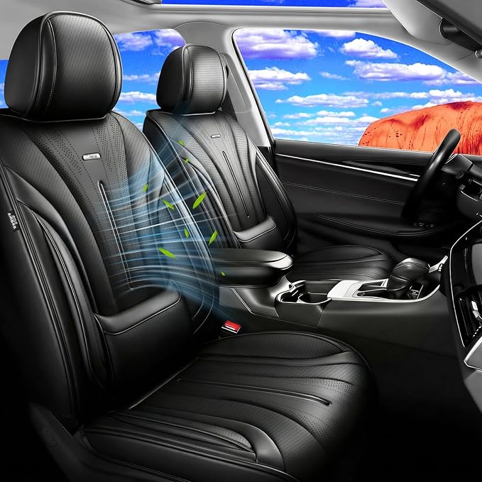 Fit Civic Car Seat Covers (Front Pair) for Select Honda Civic 2020-2026 Sedan (Not for Coupe), Full Coverage Leather, Waterproof All-Weather Breathable Seat Cushion Protector, Black & Red Trim