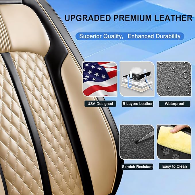 Fit CRV Car Seat Covers for Select Honda CR-V 2011-2026 - Premium Full Coverage Leather, Airbag Compatible, Waterproof & All Weather Seat Protector, Airbag Compatible, Front Pair Black+Beige