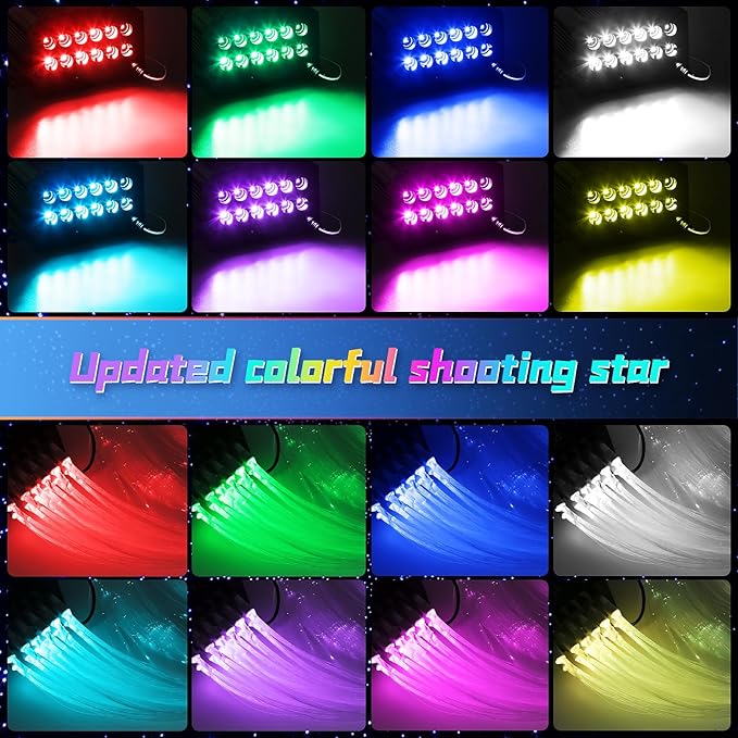 Car Starlight Headliner Kit, 4 Colors 32W Twinkle & Meteor Fiber Optic Ceiling Lights, 2 in 1 Light Engine 1000pcs*0.03in*13.1ft+240 RGBW Shooting Stars Lights for Car Home Roof Décor