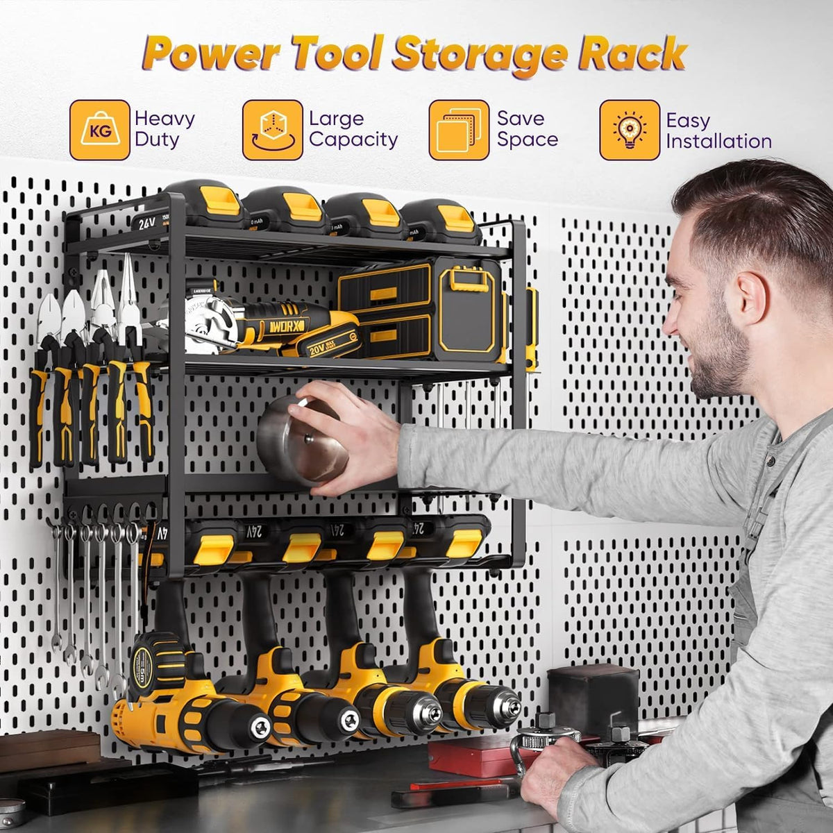 Power Tool Organizer Wall Mount, Heavy Duty Drill Holder, Garage Tool Organizer and Storage, Suitable Tool Rack for Tool Room, Workshop, Garage, Utility Storage Rack for Cordless Drill