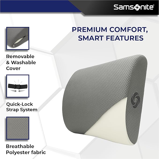 Samsonite Ergonomic Lumbar Pillow for Office Chair and Car Seat - Memory Foam Back Support Lumbar Pillow, Premium Cushion Chair Support for Lower Back Pain Relief and Versatile Use (Grey)