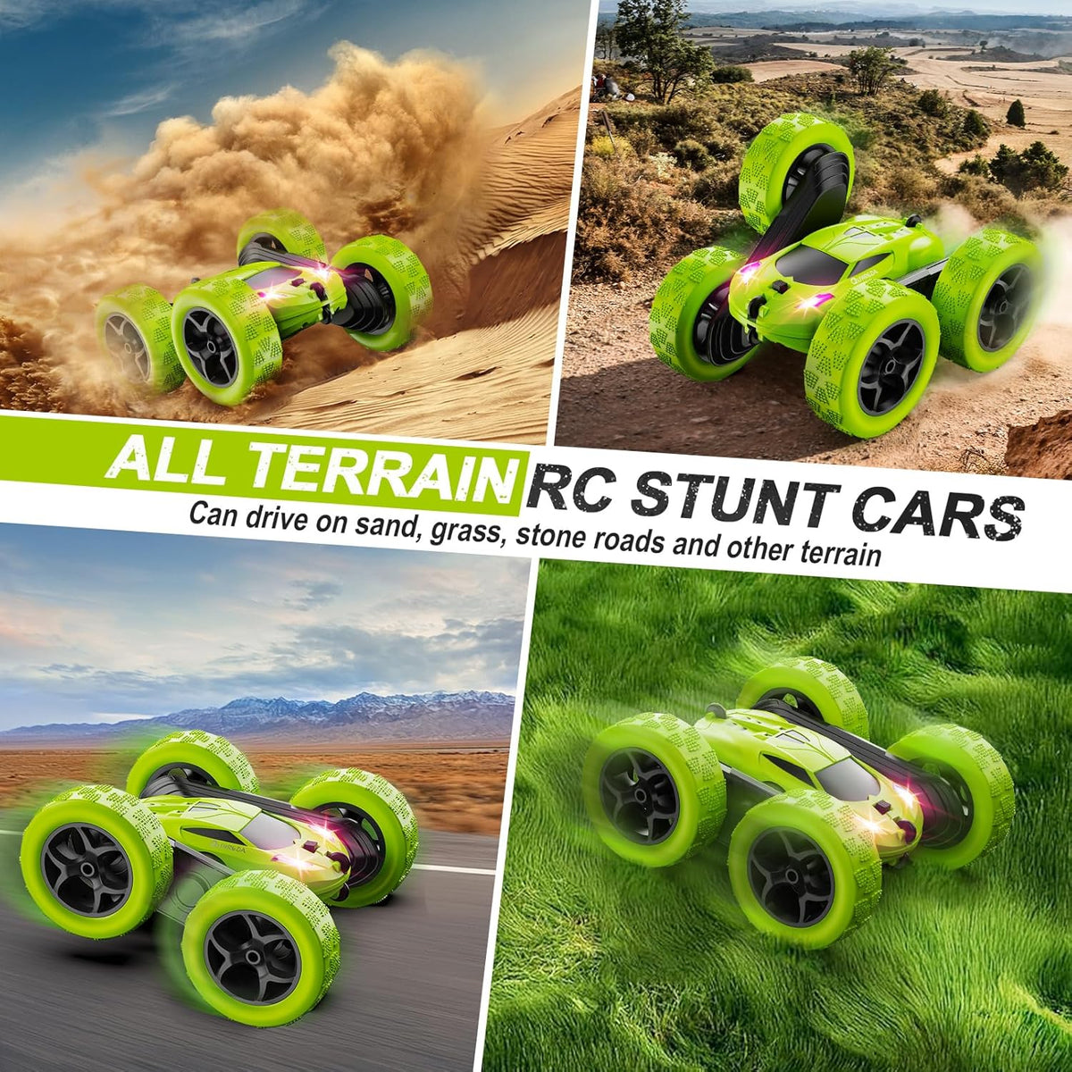 Remote Control Car for Kids Ages 6+, RC Cars Stunt Car Toy 4WD Double Sided 360° Rotating Remote Control with Headlights, Birthday Xmas Gifts for Boys 6 7 8 9 10 11 12 Green