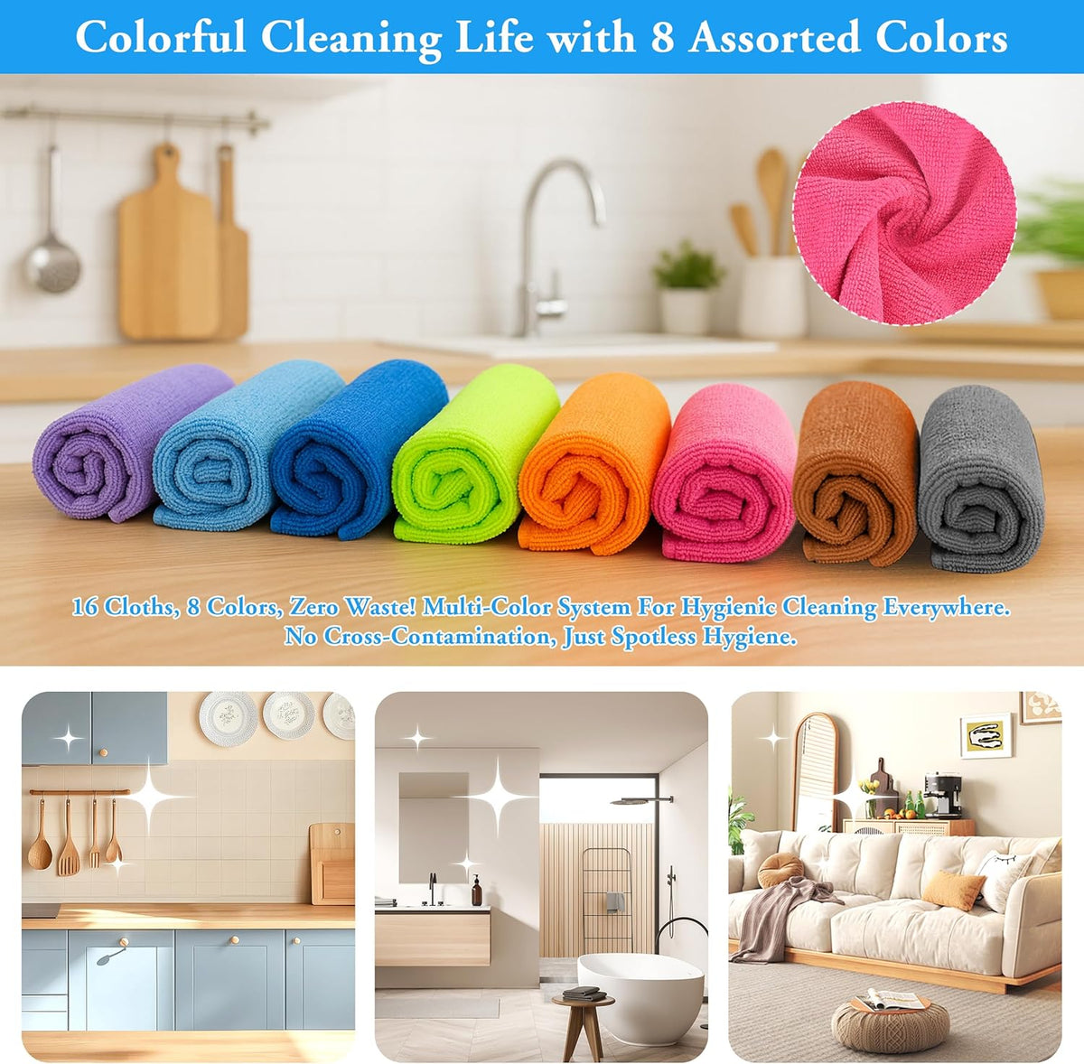 Microfiber Cleaning Cloths 16 Pack 8 Color Cleaning Rags for Housekeeping Home Kitchen Bathroom Car,11.5"X11.5" Soft Lint Free Wet and Dry Use Dusting Cleaning Supplies Towels