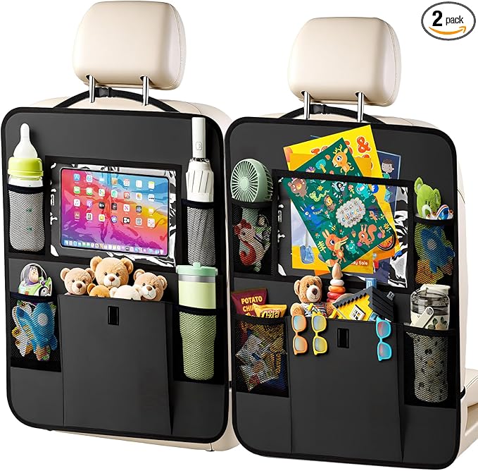 Car Backseat Organizer with Tablet Holder, 6 Storage Pockets Seat Back Protectors Kick Mats for Kids, Car Seat Protector for Road Trips 2 Pack (Black)