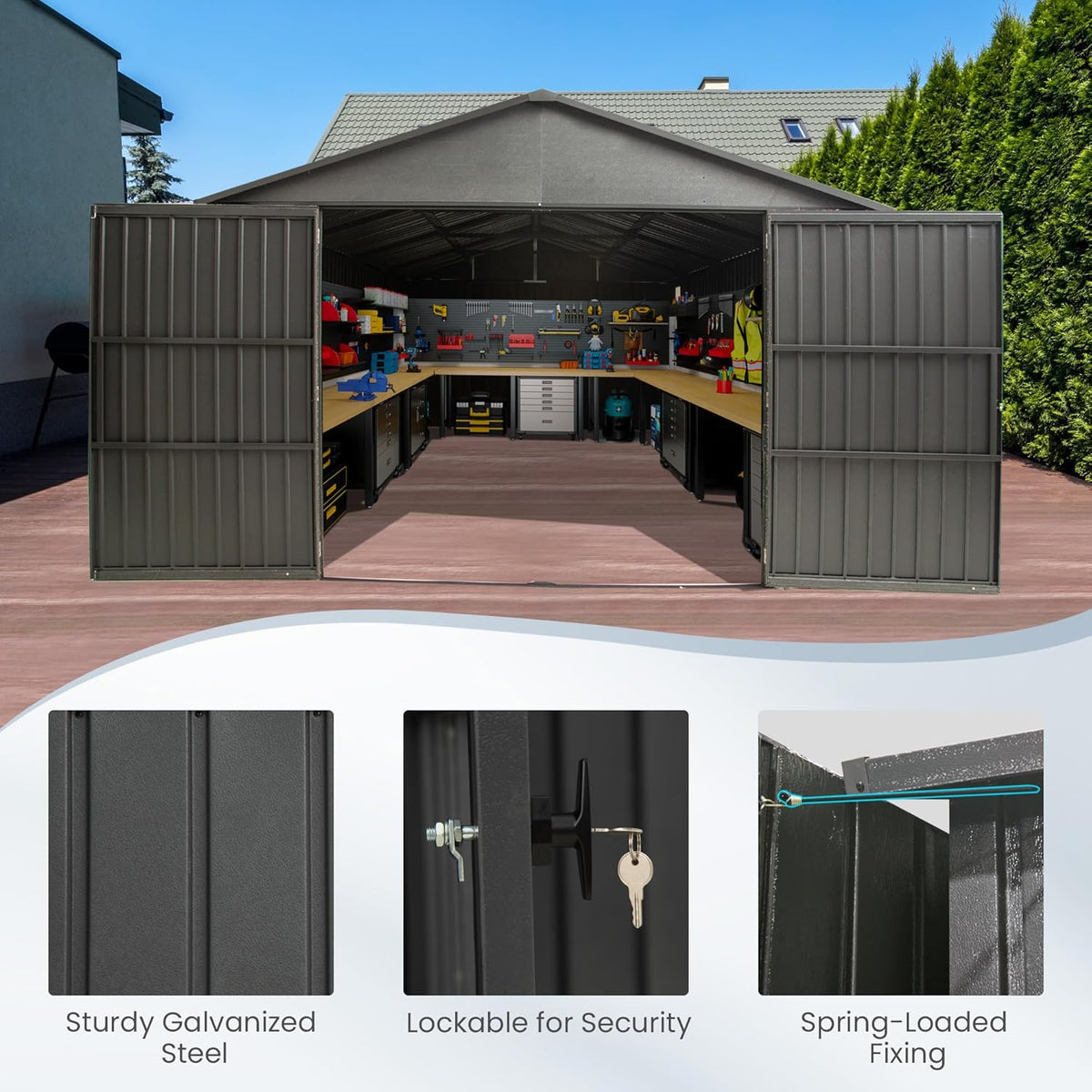 Domi 12'x25' Metal Garage Shed, Heavy Duty Outdoor Steel Carport with Lockable Double, Side Doors, 80MPH Wind and Snow Resistant Enclosed Storage for Cars, Trucks, Motorcycles, Tools, Dark Grey