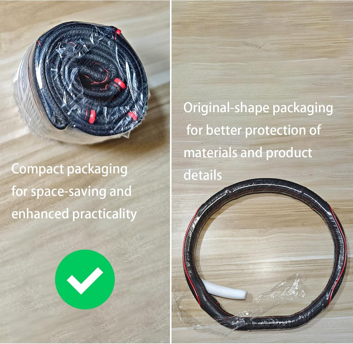 D Shape Car Steering Wheel Cover, Universal 15 inch Stitching Color Anti-Slip Steering Wheel Protector, Red and Black Style (Compact Packaging D Shape)