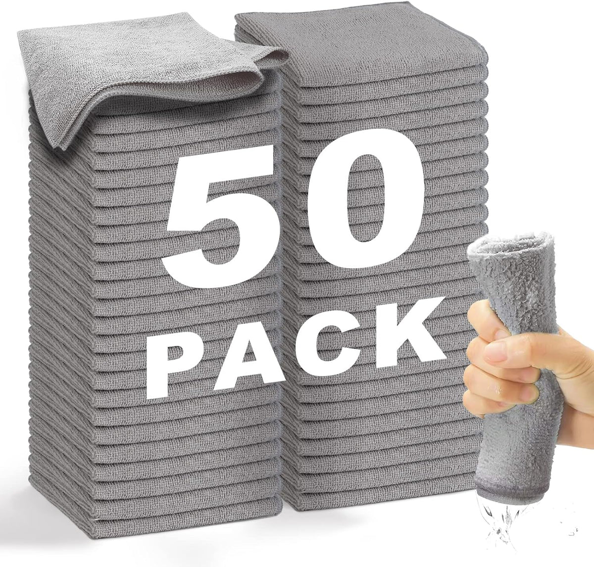Microfiber Cleaning Cloth Grey-50Pcs (13x13 inch) 2100 Series Ultra Soft Highly Absorbent Rags for Cleaning, Reusable and Lint Free Cleaning Towels for Housekeeping-Machine Wash (Gray)