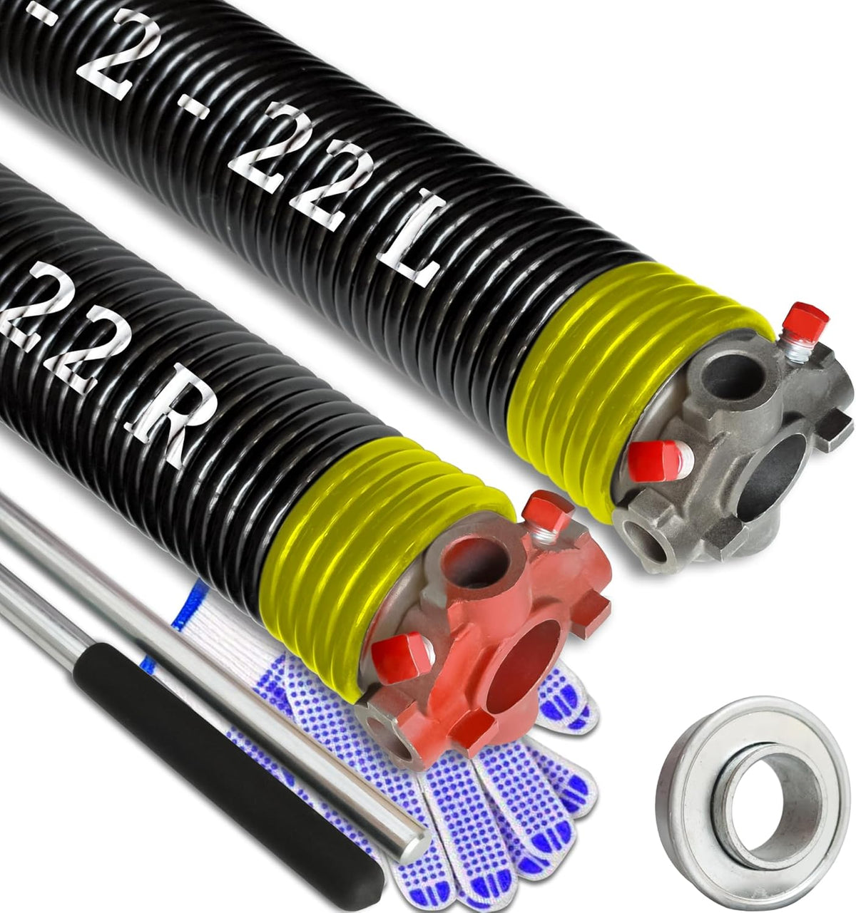 Garage Door Torsion Spring Set, Pair of 2" Electrophoresis Coated Garage Door Springs Replacement with 2 Non-Slip Winding Bars and Bearing, Minimum 16000 Cycles (.207x2x22)