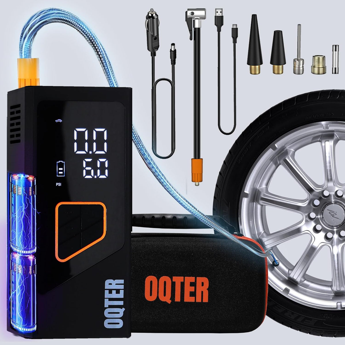 Tire Inflator Portable Air Compressor, 150PSI Portable Tire Inflator For Car, Air Pump for Car Tires with Tire Pressure Gauge Tools, 6000mAh Smart Pump Tire Inflator for Car, Motorcycle & Bike Pump