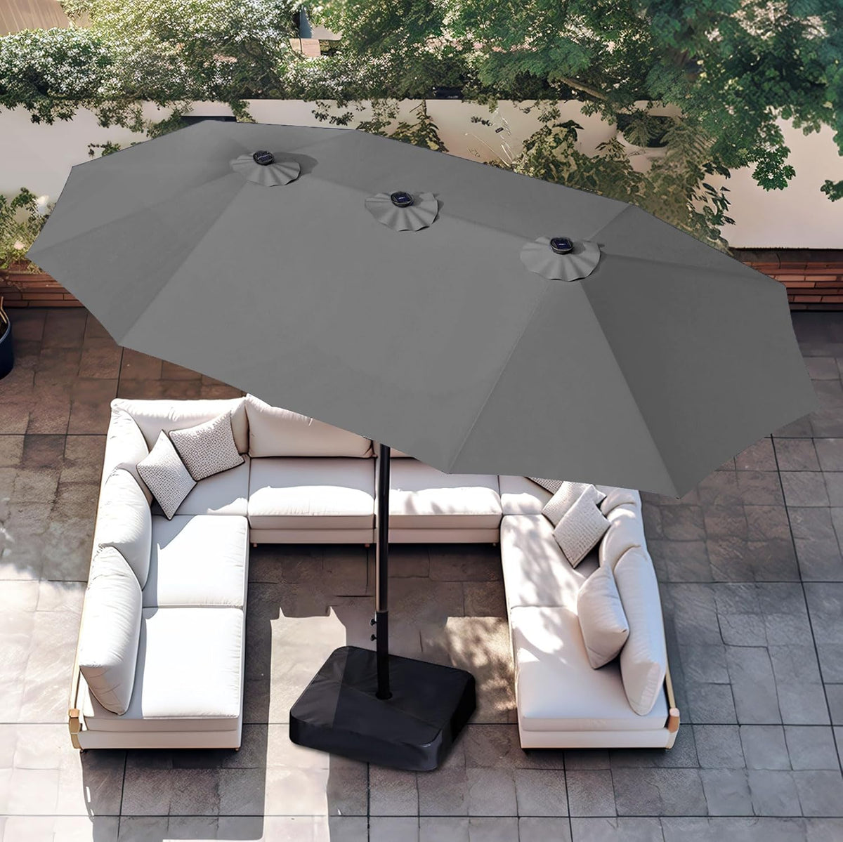PHI VILLA 15ft Large Patio Umbrellas with Base, Outdoor Double-Sided Rectangle Market Umbrella for Pool Lawn Garden, Light Gray