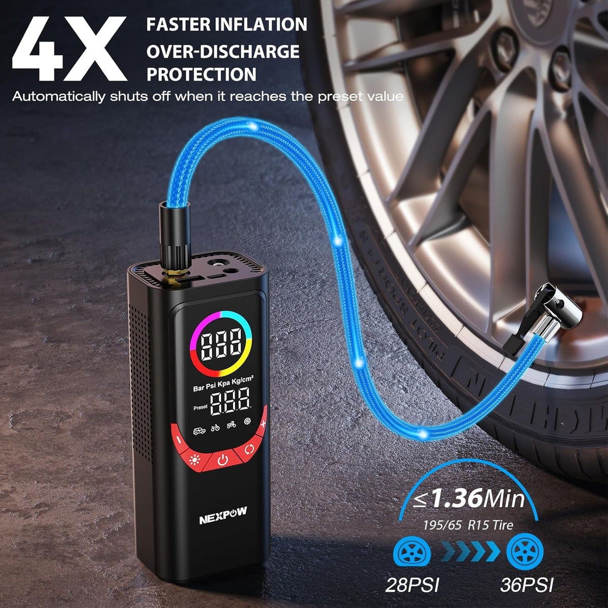 NEXPOW NP17 Portable Air Compressor, 150 PSI Digital Tire Inflator, Fast Inflation with Auto Shut-Off, LED Light, Multiple Nozzles for Car, Bike, and Ball, Compact Design, Red