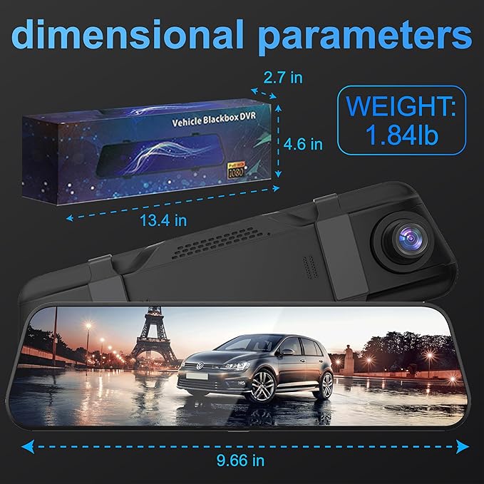 4K Dual Dash Cam for Cars, 9.66” Touchscreen Mirror Camera with WiFi, CarPlay, Suitable for All Models, Front 4K + Rear 1080P Recording, Night Vision, Parking Assist, 128G sd Card