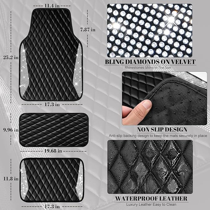 CAR PASS Bling Leather Car Mats Shining Diamond Floor Mats Crystal Rhinestone Sparkly Glitter Carpet Anti-Slip Waterproof Pad Universal Fit Automotive SUV, Sedan, Van, 5pcs Girl Women, Black Silver