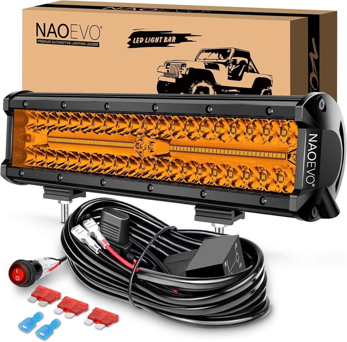NAOEVO 12 Inch LED Light Bar, 300W 30000LM LED Offroad/Driving/Fog Lights with Wiring Harness Kit, Spot Flood Work Lights for Truck UTV ATV Golf Cart Boat, 1 Pc (Amber)
