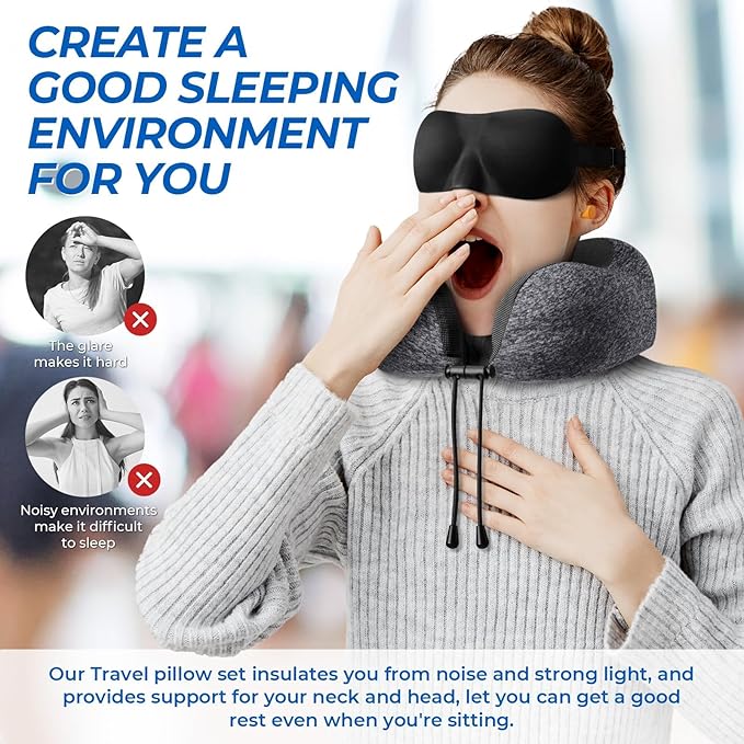 Travel Pillow, Travel Pillows for Sleeping Airplane, Removable Cover Neck Pillow with Adjustable Clasp, Memory Foam Neck Pillow Set with Eye Mask, Earplugs and Storage Bag (Dark Grey)