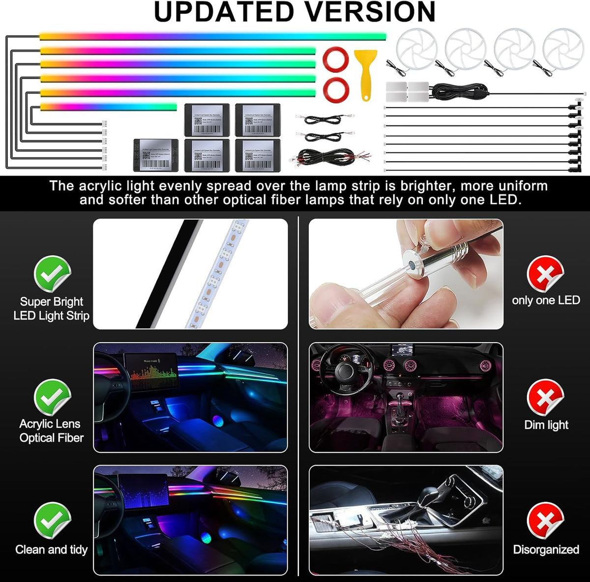 Dream+Color Acrylic Interior Car LED Strip Light with APP, RGB 22 in 1 with 175 inches 600 LEDs Fiber Optic Ambient Lighting Kits, Dynamic Chasing Music Sync Neon LED Strip for Car Accessories